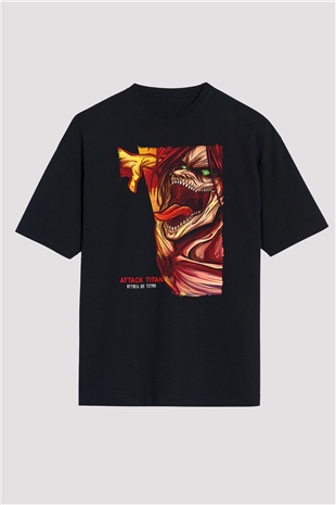 Attack On Titan Baskılı Unisex Siyah Oversize Tişört - Tshirt