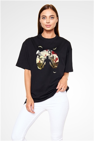 Attack On Titan Baskılı Unisex Siyah Oversize Tişört - Tshirt