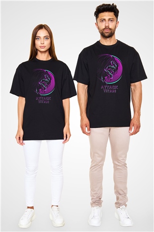 Attack On Titan Baskılı Unisex Siyah Oversize Tişört - Tshirt