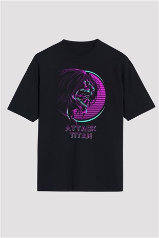 Attack On Titan Baskılı Unisex Siyah Oversize Tişört - Tshirt