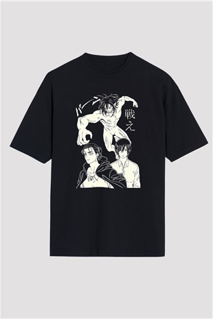 Attack On Titan Baskılı Unisex Siyah Oversize Tişört - Tshirt