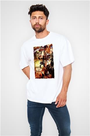 Attack On Titan Baskılı Unisex Siyah Oversize Tişört - Tshirt