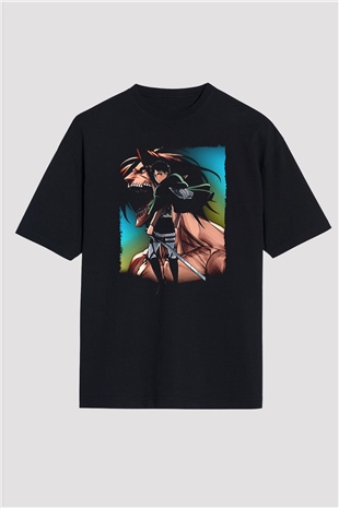 Attack On Titan Baskılı Unisex Siyah Oversize Tişört - Tshirt