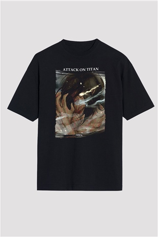Attack On Titan Baskılı Unisex Siyah Oversize Tişört - Tshirt