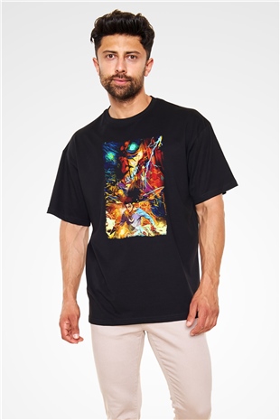 Attack On Titan Baskılı Unisex Siyah Oversize Tişört - Tshirt