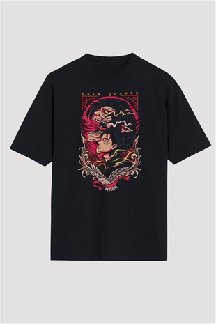 Attack On Titan Baskılı Unisex Siyah Oversize Tişört - Tshirt