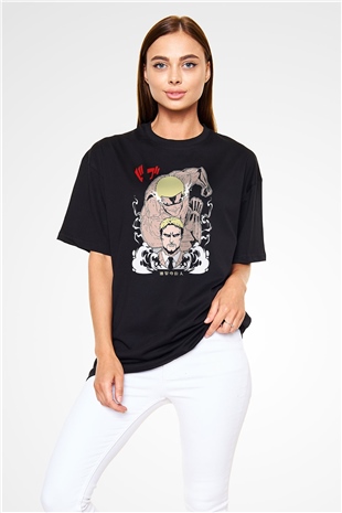 Attack On Titan Baskılı Unisex Siyah Oversize Tişört - Tshirt