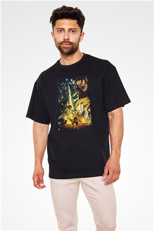 Attack On Titan Baskılı Unisex Siyah Oversize Tişört - Tshirt