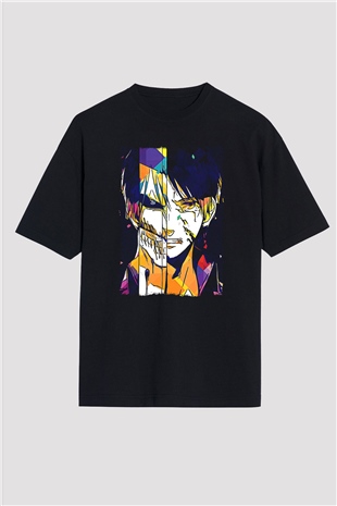 Attack On Titan Baskılı Unisex Siyah Oversize Tişört - Tshirt