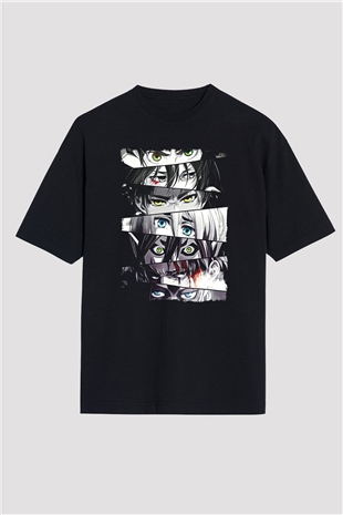 Attack On Titan Baskılı Unisex Siyah Oversize Tişört - Tshirt