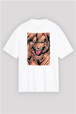 Attack On Titan Baskılı Unisex Siyah Oversize Tişört - Tshirt