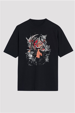 Attack On Titan Baskılı Unisex Siyah Oversize Tişört - Tshirt