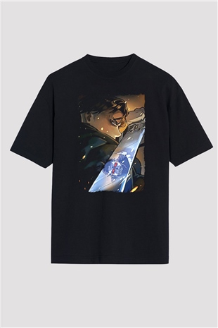 Attack On Titan Baskılı Unisex Siyah Oversize Tişört - Tshirt