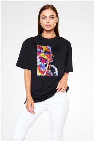 Attack On Titan Baskılı Unisex Siyah Oversize Tişört - Tshirt