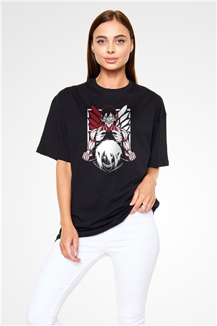 Attack On Titan Baskılı Unisex Siyah Oversize Tişört - Tshirt
