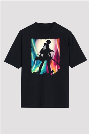 Attack On Titan Baskılı Unisex Siyah Oversize Tişört - Tshirt