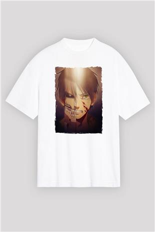 Attack On Titan Baskılı Unisex Siyah Oversize Tişört - Tshirt