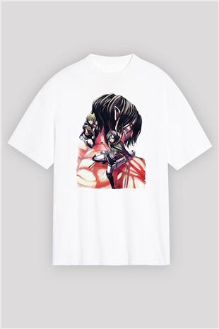 Attack On Titan Baskılı Unisex Siyah Oversize Tişört - Tshirt
