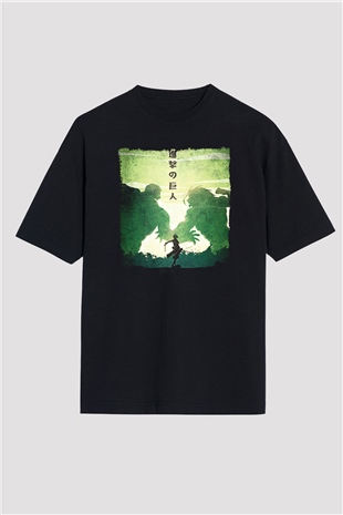 Attack On Titan Baskılı Unisex Siyah Oversize Tişört - Tshirt