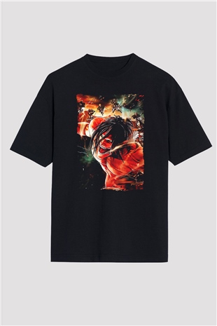 Attack On Titan Baskılı Unisex Siyah Oversize Tişört - Tshirt