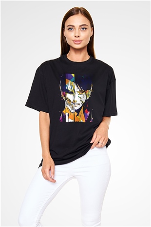 Attack On Titan Baskılı Unisex Siyah Oversize Tişört - Tshirt