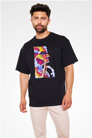 Attack On Titan Baskılı Unisex Siyah Oversize Tişört - Tshirt