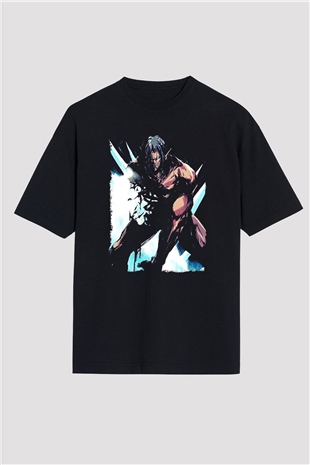 Attack On Titan Baskılı Unisex Siyah Oversize Tişört - Tshirt