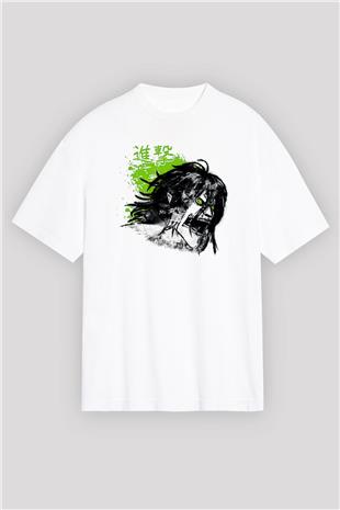 Attack On Titan Baskılı Unisex Siyah Oversize Tişört - Tshirt