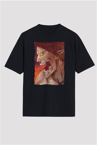 Attack On Titan Baskılı Unisex Siyah Oversize Tişört - Tshirt