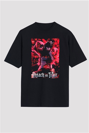 Attack On Titan Baskılı Unisex Siyah Oversize Tişört - Tshirt