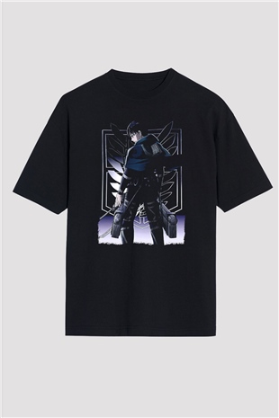 Attack On Titan Baskılı Unisex Siyah Oversize Tişört - Tshirt