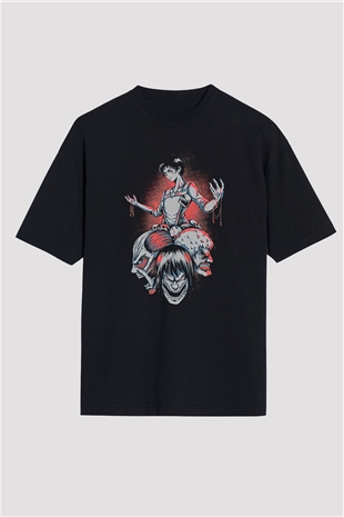 Attack On Titan Baskılı Unisex Siyah Oversize Tişört - Tshirt