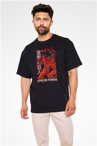 Attack On Titan Baskılı Unisex Siyah Oversize Tişört - Tshirt