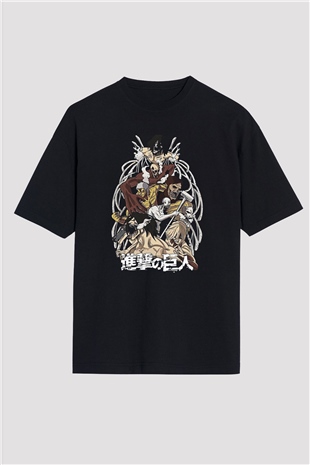 Attack On Titan Baskılı Unisex Siyah Oversize Tişört - Tshirt