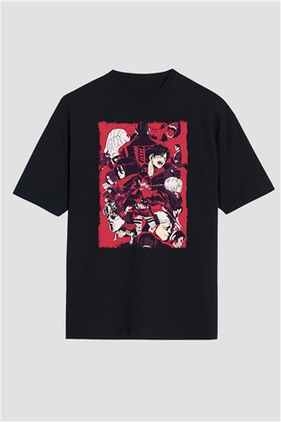 Attack On Titan Baskılı Unisex Siyah Oversize Tişört - Tshirt
