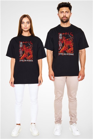 Attack On Titan Baskılı Unisex Siyah Oversize Tişört - Tshirt