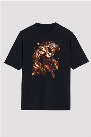Attack On Titan Baskılı Unisex Siyah Oversize Tişört - Tshirt