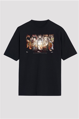 Attack On Titan Baskılı Unisex Siyah Oversize Tişört - Tshirt