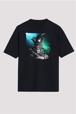 Attack On Titan Baskılı Unisex Siyah Oversize Tişört - Tshirt