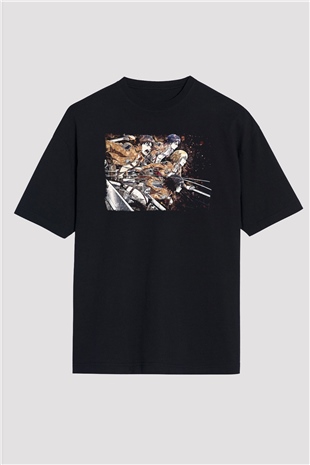 Attack On Titan Baskılı Unisex Siyah Oversize Tişört - Tshirt