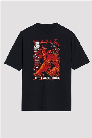 Attack On Titan Baskılı Unisex Siyah Oversize Tişört - Tshirt