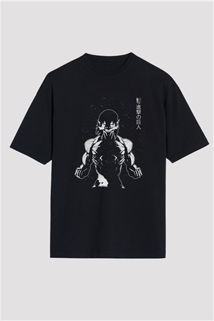 Attack On Titan Baskılı Unisex Siyah Oversize Tişört - Tshirt