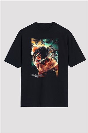 Attack On Titan Baskılı Unisex Siyah Oversize Tişört - Tshirt