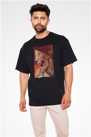 Attack On Titan Baskılı Unisex Siyah Oversize Tişört - Tshirt