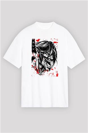 Attack On Titan Baskılı Unisex Siyah Oversize Tişört - Tshirt
