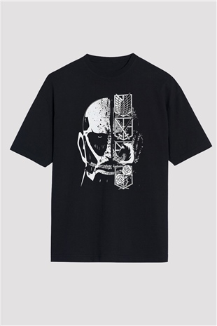 Attack On Titan Baskılı Unisex Siyah Oversize Tişört - Tshirt
