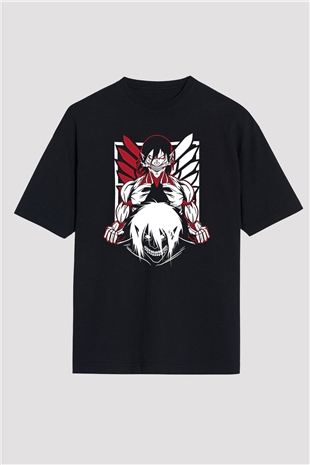 Attack On Titan Baskılı Unisex Siyah Oversize Tişört - Tshirt