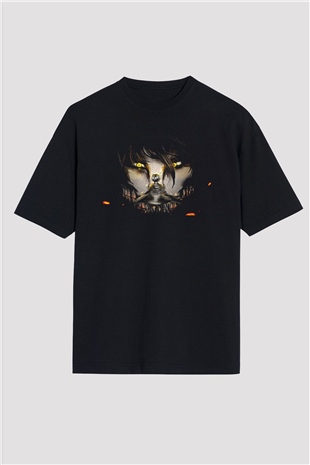 Attack On Titan Baskılı Unisex Siyah Oversize Tişört - Tshirt