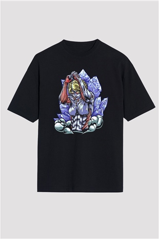 Attack On Titan Baskılı Unisex Siyah Oversize Tişört - Tshirt