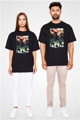 Attack On Titan Baskılı Unisex Siyah Oversize Tişört - Tshirt